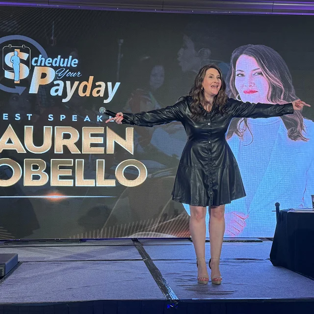 lauren cobello speaking with guest